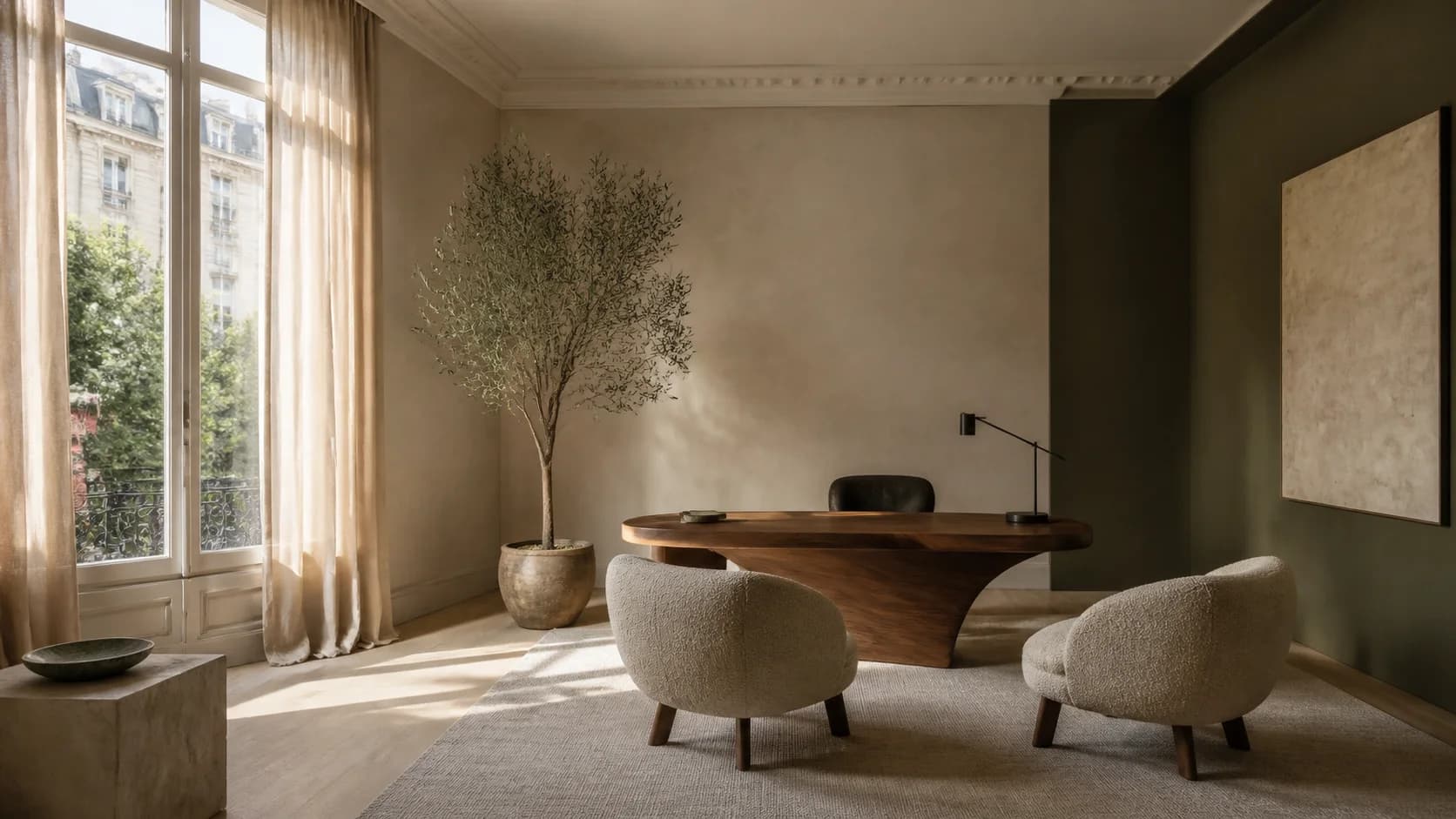 A fictional Alderwell consultation studio with warm limewash walls, walnut furniture, and soft daylight
